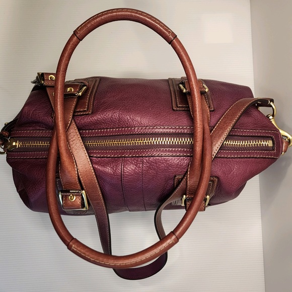 Coach Genuine Pebbled Leather Berry w/Camel Accents Hampton Satchel Bag - Picture 7 of 16